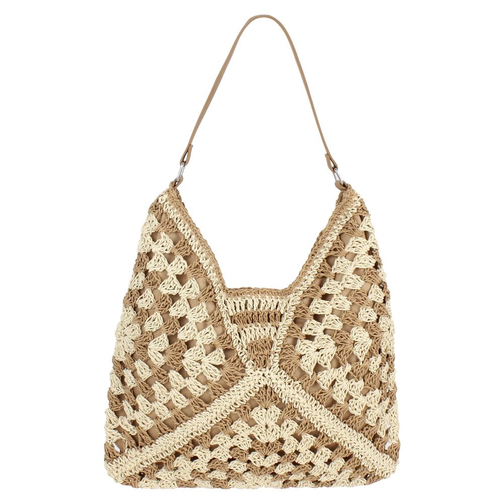 Large Stripes Straw Woven Shoulder Bag Tote Top-Handle Bag :[